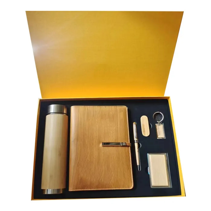 Chaveiro de bambu com marcação personalizada, conjunto de presente para caneta e caderno de cartão, marcas de bambu