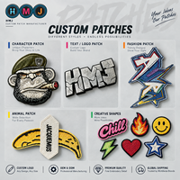 Écusson personnalisé HMJ, effet broderie 3D, logo en silicone TPU, étiquette thermocollante pour vêtements et accessoires.