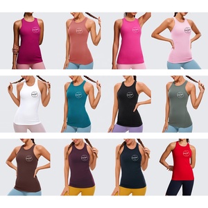 Venta caliente personalizado 95% poliéster 5% Spandex elástico Slim Fit Yoga Fitness cuello Halter Jersey Racer espalda camisetas sin mangas mujeres - Product Image 5