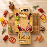 Grande planche à fromage en bambou avec tiroir coulissant, plateau de charcuterie multifonctionnel, couteaux à fromage et bols en céramique