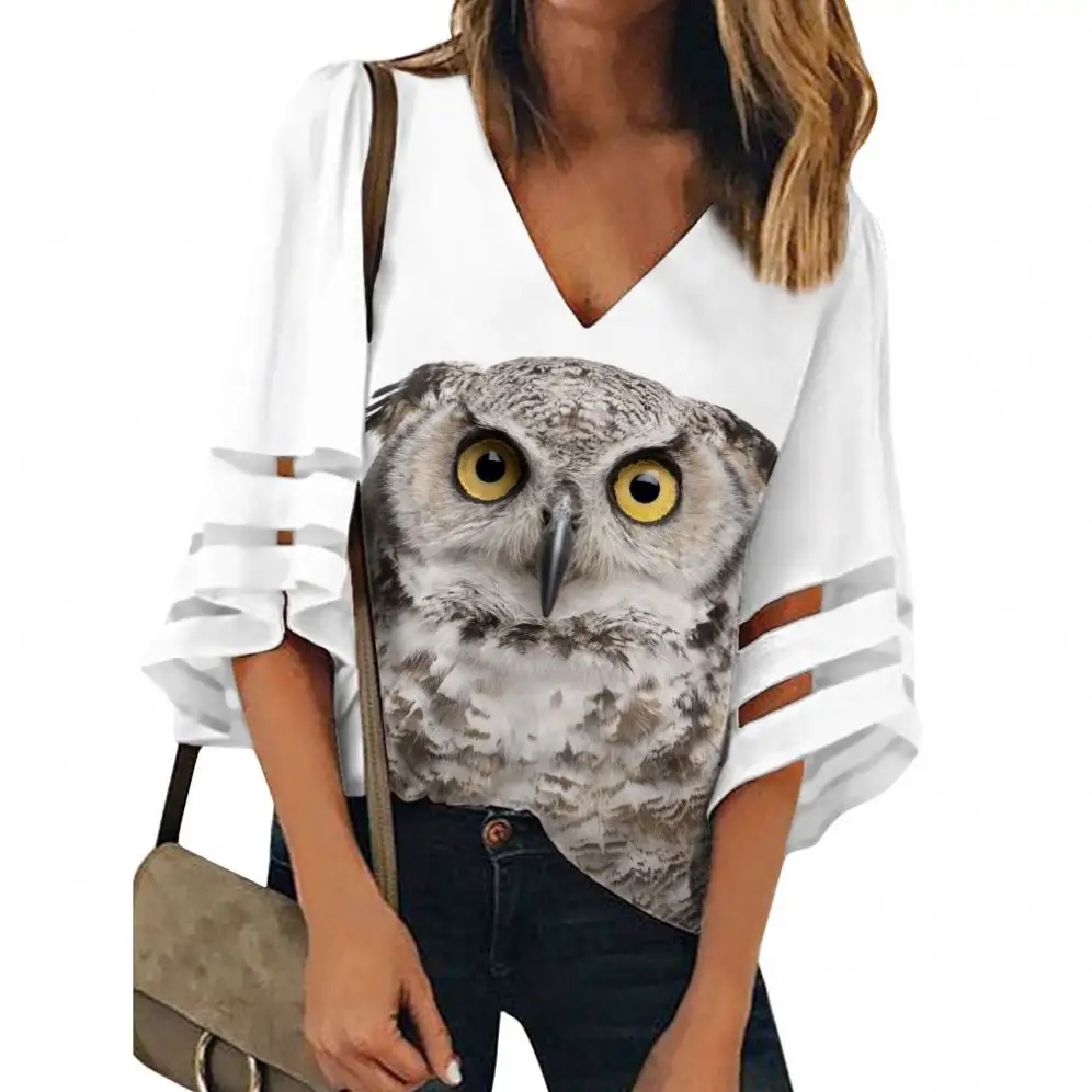 Une pièce livraison Hibou Imprimé Dames blouses Personnalisé vos idées Satin élégant Mode Lâche demi-manches Femmes en mousseline de soie chemise