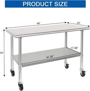 Table de travail commerciale en acier inoxydable NSF avec roulettes, 48"x24", table de préparation robuste avec étagère inférieure - Product Image 3