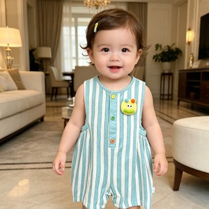 Yenidoğan Yazlık Nefes Alabilen Kareli Çizgili Kolsuz Bebek Bodysi Pamuklu Dikey Çizgili Pamuklu Bebek Kıyafetleri - Product Image 3
