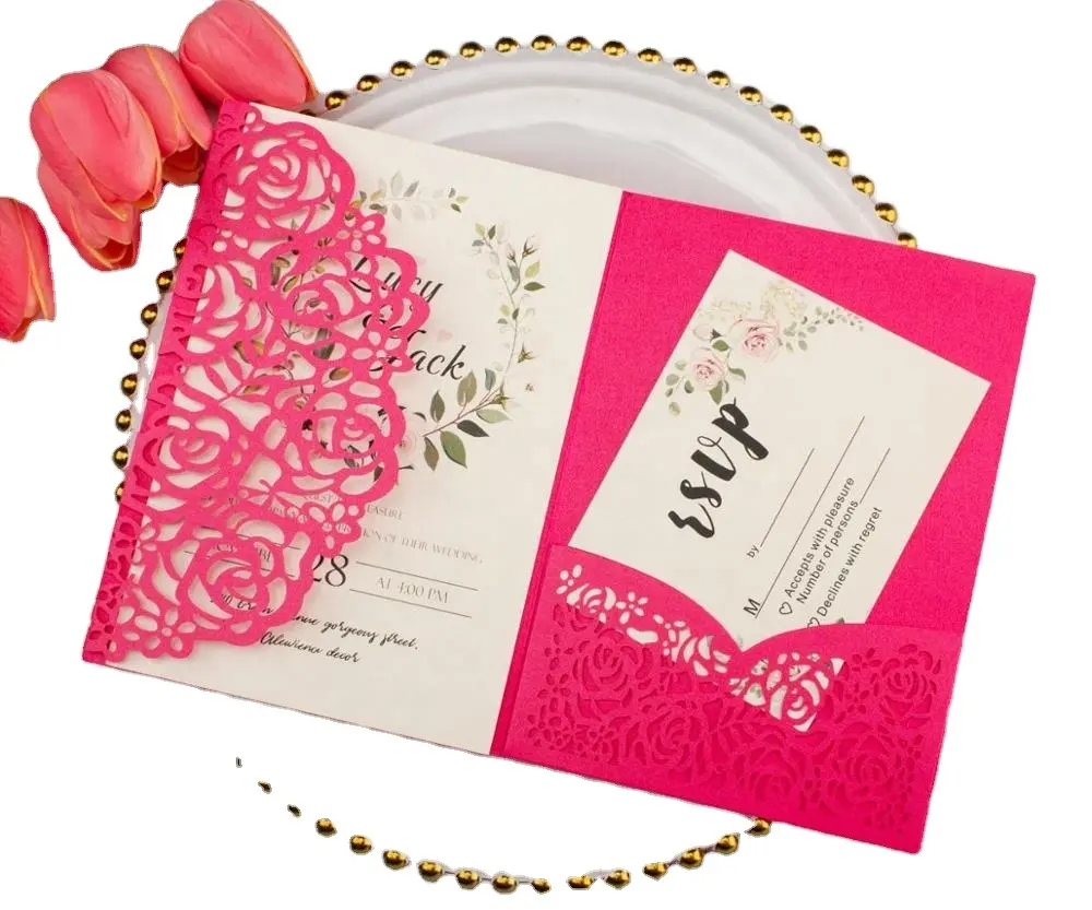 Элегантная темно-розовая красная карманная Свадебная пригласительная открытка 5x7 лазерная резка тройные приглашения Поздравительные подарочные открытки для украшения вечеринки