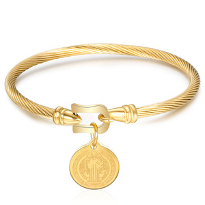 Bracelet en acier inoxydable avec pendentif rond Jésus, boucle fer à cheval 10 mm, bijou unisexe, cadeau - Product Image 1