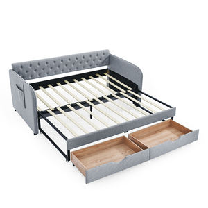 Canapé-<span class=keywords><strong>lit</strong></span> moderne double avec <span class=keywords><strong>lit</strong></span> <span class=keywords><strong>gigogne</strong></span>, accoudoirs plats réglables et extensibles, deux tiroirs de rangement, en lin gris, mobilier de maison - Product Image 6