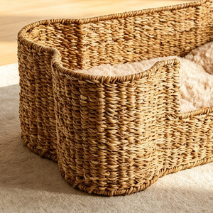 Lit pour animaux de compagnie en forme d'os, en jonc de mer, maison de repos confortable pour chats, panier pour animaux de compagnie en rotin fait main - Product Image 6