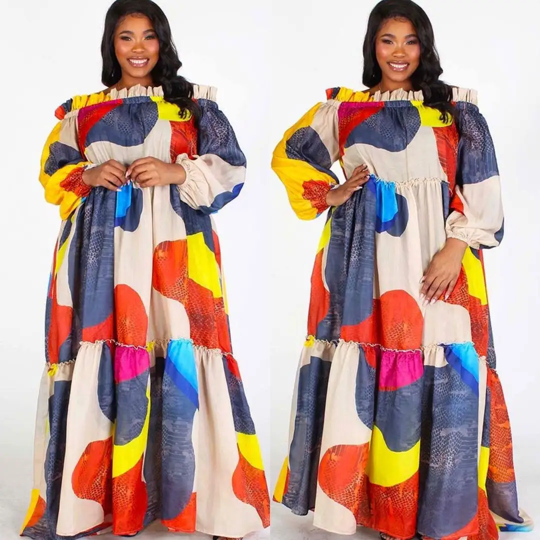 Женское шифоновое платье с длинным рукавом, Повседневное платье большого размера с открытым плечом в африканском стиле, 2022