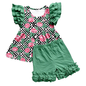 Vestido de Niña con Volantes de Seda Láctea, Estampado Geométrico de Rosas, Conjunto de 2 Piezas para Niños, Ropa Infantil Personalizada OEM ODM - Product Image 2