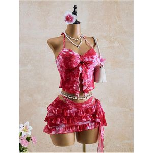 Conjunto de bikini de 3 piezas con estampado Tie Dye y falda con volantes para mujer de FOXA, en spandex elástico y poliéster. - Product Image 4