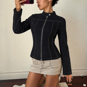 Faux Denim Color Block Biker Jacket Women's Zip Up Stand Collar Long Sleeve Coat Y2K Streetwear Casual Outerwear Fashion - Product Image 3