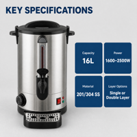 Bouilloire à eau commerciale en acier inoxydable de 16 L à ébullition rapide, arrêt automatique, distributeur d'eau chaude pour salon de thé, restaurant, hôtel