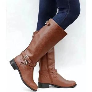 Leisure Designer Waterproof Luxury Fashion Zip Black Brown All Seasons Low Heel Leather Women's Long Knee High Boots - Product Image 2