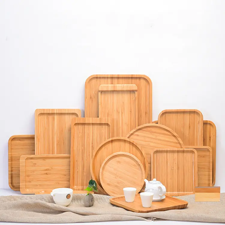 Round Square Rectangular Bamboo Wooden Serving Trays for Bar Coffee Party Dish Snackery Food Tea Fruit Cheese Platter Boards