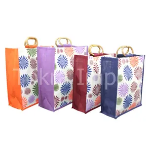 Bolsa de compras de comestibles de arpillera ecológica Natural, bolsa de yute con mango de caña, bolsa de compras con estampado Floral Multicolor