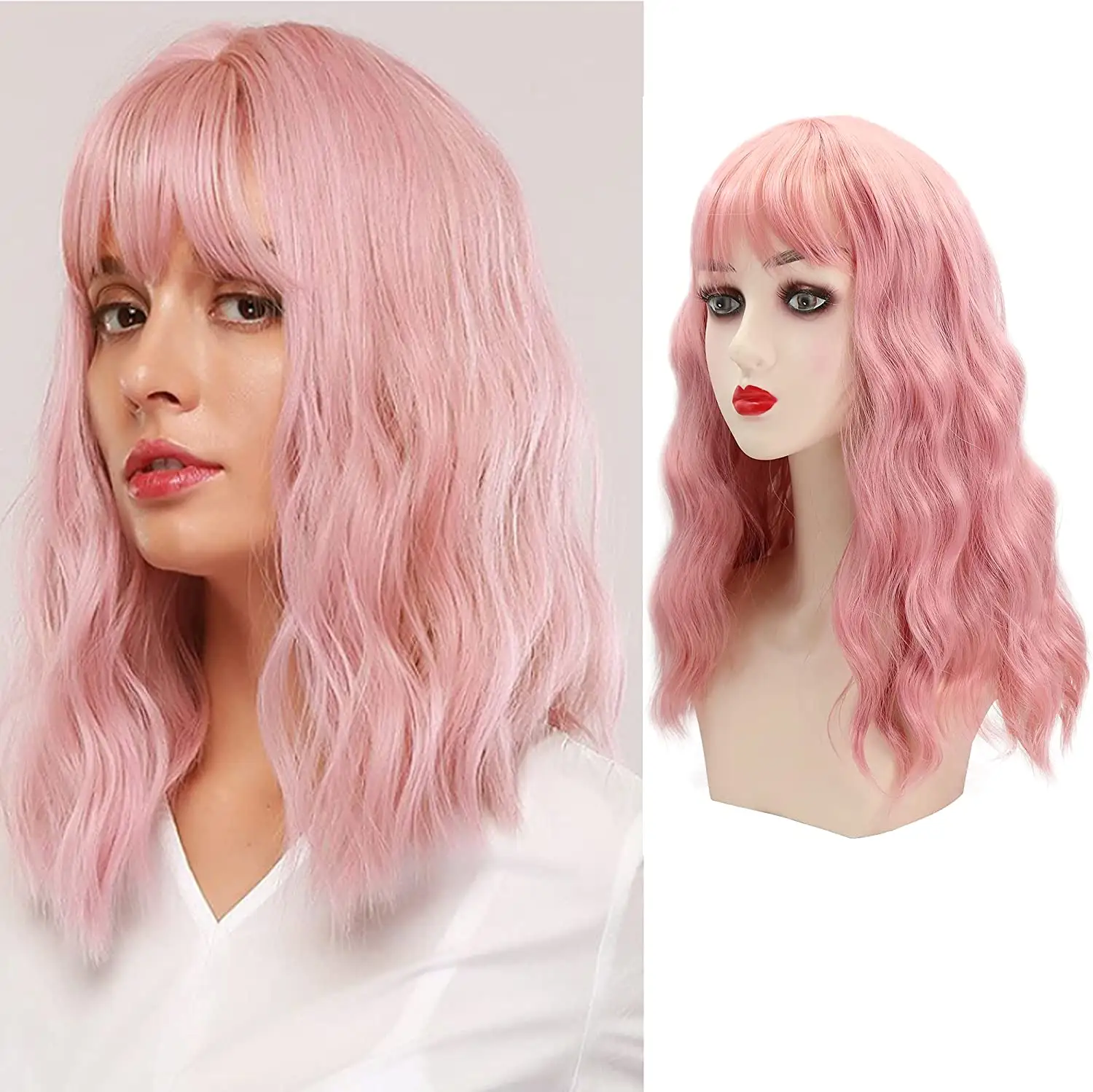 Wig with Bangs for Women Short Wavy Bob Colorful Medium Length Pastel Colored Cosplay Wig Synthetic Costume Wigs
