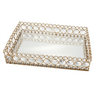 Luxury Traditional Rectangular <b>Mirrored</b> Aluminium Gold <b>Crystal</b> Beaded Decorative Vanity Tray Cosmetic Makeup Organizer Jewelry - Product Image 1