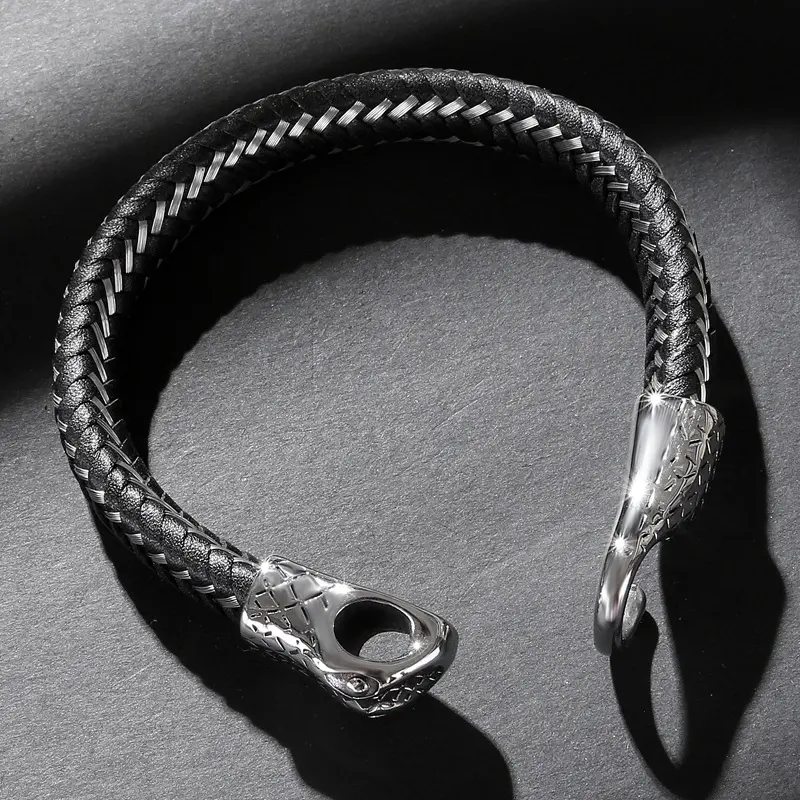 Punk Mens Stainless Steel Snake Leather Braided Bracelet Fashion Leather Stainless Steel Bracelet For Women