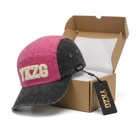 Casquette de camping 5 panneaux haut de gamme en coton lavé, couleur contrastante, visière effilochée, broderie 3D en relief, certifiée GRS