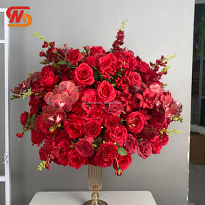 Boule de fleurs en soie rouge élégante et lisse, roses et orchidées mélangées, décoration de centre de table de mariage - Product Image 1