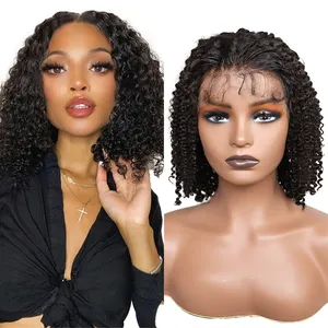 Cabello humano virgen original con flequillo 13x4 Frontal Afro rizado Bob HD pelucas delanteras de encaje para mujeres negras