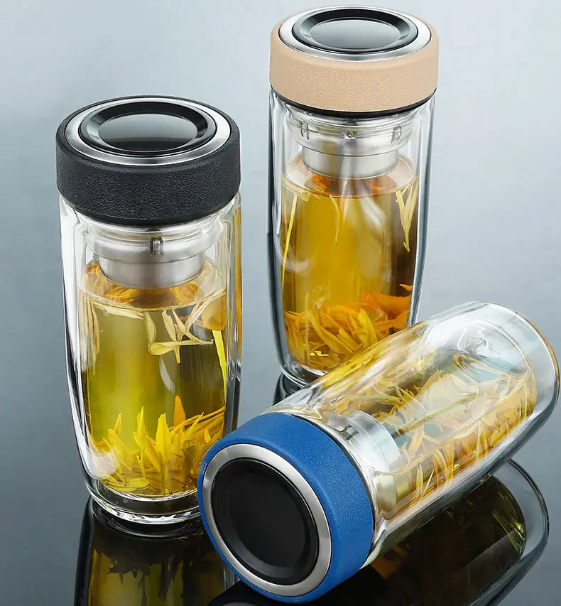 Bottiglia d'acqua portatile in vetro a doppia parete con infusore e coperchio per il tè