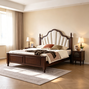 Base de Cama Tapizada Tradicional Tamaño Queen con Cabecera de Tela y Postes de Madera - Product Image 6