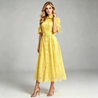 Robe chemise plissée Miyake élégante jaune à broderies florales pour femme, coupe trapèze mi-longue avec ceinture, directement de l'usine