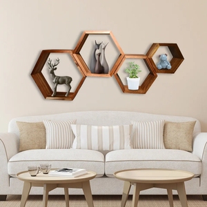 Ensemble de 4 étagères hexagonales flottantes murales, <span class=keywords><strong>cadre</strong></span>, décoration, étagère hexagonale en bois, étagères flottantes - Product Image 4
