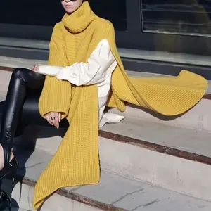 Autumn And Winter Warm Sleeve Cape Women Knitted Shawl Cloak Sweater Solid Color High Neck Sweater Coat