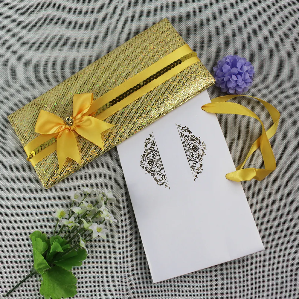 Gold glitter hardcover handbag invitation cards and customized glitter leather birthday invitation cards