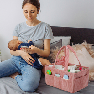 Popok bayi Caddy merah muda tas Tote Organizer bayi kain Corduroy dengan 8 kantong