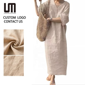 Abito Lungo Estivo da Donna Liu Ming OEM, Stile Retrò, Casual, Maniche Corte, Tinta Unita, Scollo a V, in Cotone e Lino - Product Image 1