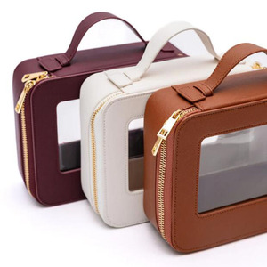 Borse da viaggio in pelle saffiano per il trucco con impugnatura con cerniera <span class=keywords><strong>trasparente</strong></span> per lavaggio borsa <span class=keywords><strong>trasparente</strong></span> per cosmetici da donna - Product Image 5