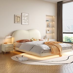 Lit double Yisi de style italien avec <span class=keywords><strong>dossier</strong></span> nuage <span class=keywords><strong>suspendu</strong></span>, cadre en <span class=keywords><strong>bois</strong></span> massif, acier inoxydable, moderne et minimaliste, en cuir - Product Image 1