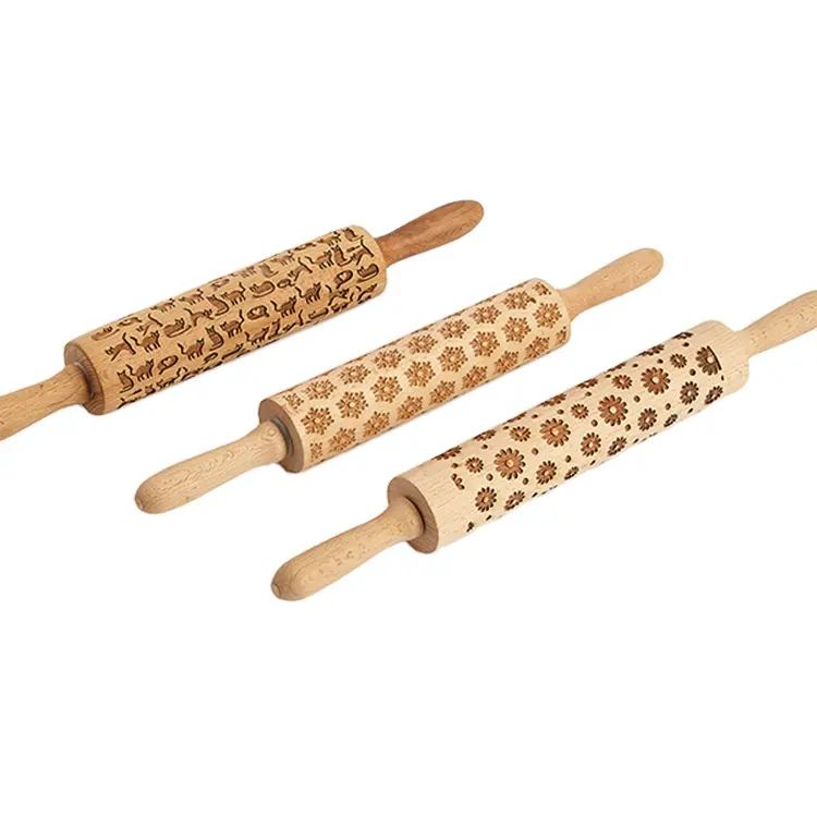 Custom Design Pattern French Christmas Beech Wooden Engraved Embossing Baking Rolling Pin