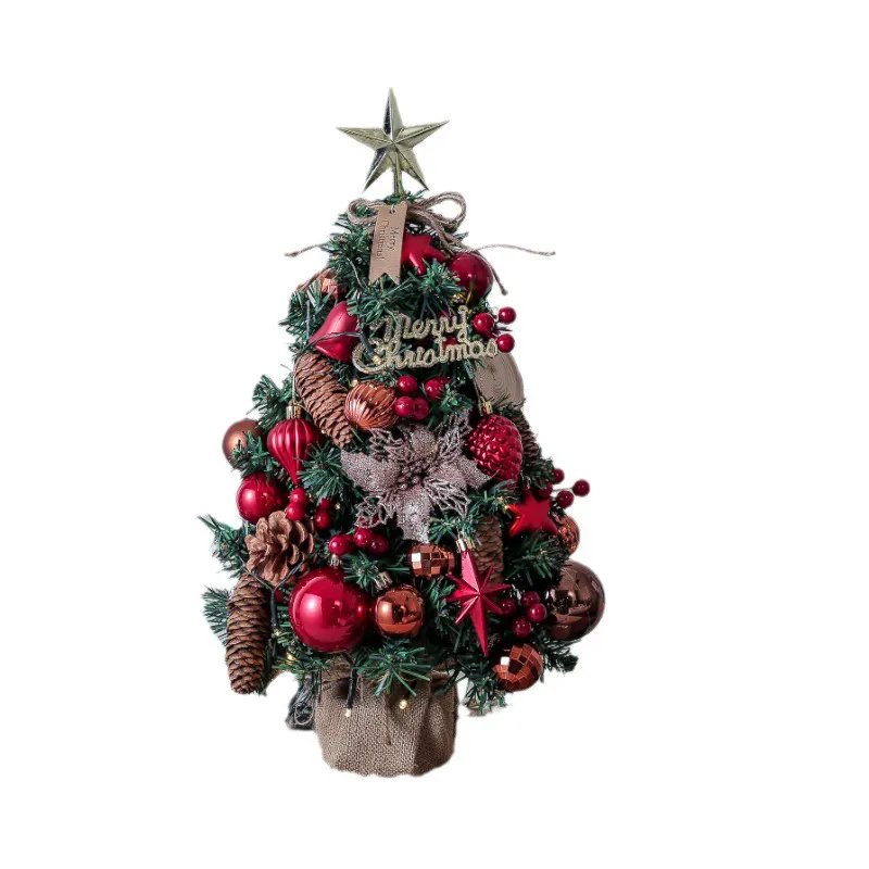 Pohon Natal Mini buatan menyala 24 inci, dengan tali lampu LED, dekorasi pohon Natal kecil untuk Natal DIY