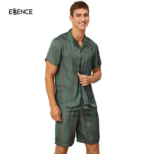 Мужская атласная пижама, Летний Шелковый пижамный комплект в полоску с пуговицами спереди