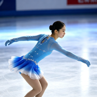 Robe de patinage artistique à manches longues dégradé bleu et blanc, dos ouvert avec découpe en goutte d'eau, jupe ornée de strass pour filles adultes, compétition et performance