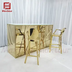 Full Gold Luxury Chrome Glass Top Bar Table with Chairs Elegant Reception Bar Table Sets