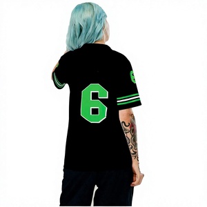 เสื้อฟุตบอลอเมริกันสีดำสำหรับผู้หญิง สีเขียว หมายเลข 6 ลายพิมพ์แบบถ่ายเทความร้อน ชื่อทีมแบบกำหนดเอง คอวี แขนสั้น โพลีเอสเตอร์ระบายอากาศได้ดี - Product Image 1