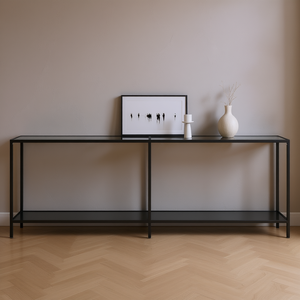 Black Tempered Glass Console <b>Table</b> Powder Coated Steel Modern Minimalist Living Room Furniture - Product Image 2
