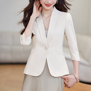 Women's Spring Single Button Slim Fit Blazer Blue Solid Color Anti Wrinkle Office Wear - Product Image 3