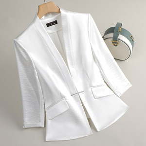 Women's White Three Quarter Sleeve Blazer Lightweight Solid Color Polyester Breathable Spring Summer Professional Casual Fit - Product Image 1