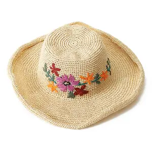 Wholesale Rolled Hem Handmade Paper Hat Along Women's Arts Student Holiday Embroidery Monofilaments Crochet Straw Hat