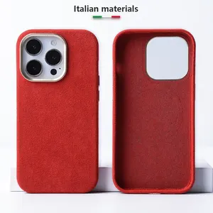DL เคสหนังขนเฟอร์แม่เหล็กคุณภาพสูงฝาหลังหรูหราผ้าหนังกลับอิตาลีพร้อมกล้องป้องกันสำหรับ iPhone 15 PRO MAX