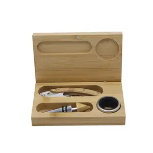 3pcs wine tools with bamboo case factory direct sale hot sale wine opener wine stopper corkscrew