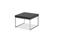 Table basse carrée minimaliste moderne avec structure en acier inoxydable poli et plateau en bois et métal noir, meubles de salon