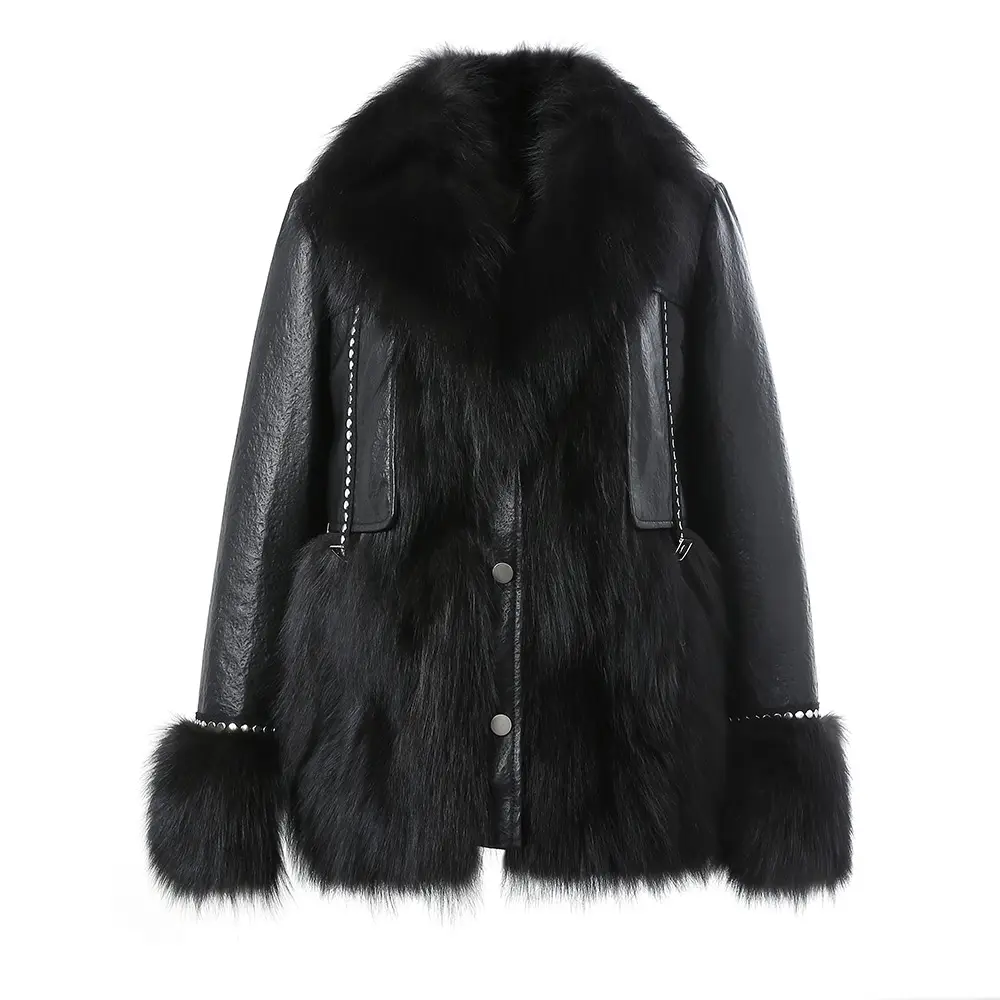 Wholesale Genuine Leather Jacket Black Sheepskin Coat with Fur Collar Plus Size Women Coat