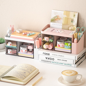 Office Organizer Desktop <b>Storage</b> <b>Box</b> With <b>Drawers</b> And Pen Holder For Kids Stationery Korean Style White Rabbit And Pink Pig - Product Image 2